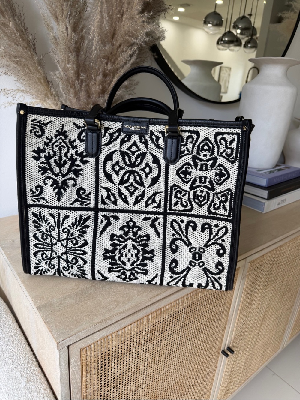 Woven Tile-Pattern Tote Bag in Black and White